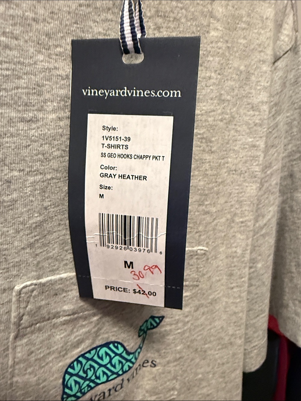 Vineyard Vines Men’s Heather Gray Pocket Tee with Teal Whale - Picture 3 of 3